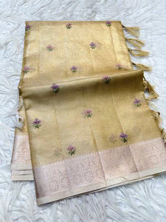 Gold shade tissue kota embroidery primum Banarasi saree