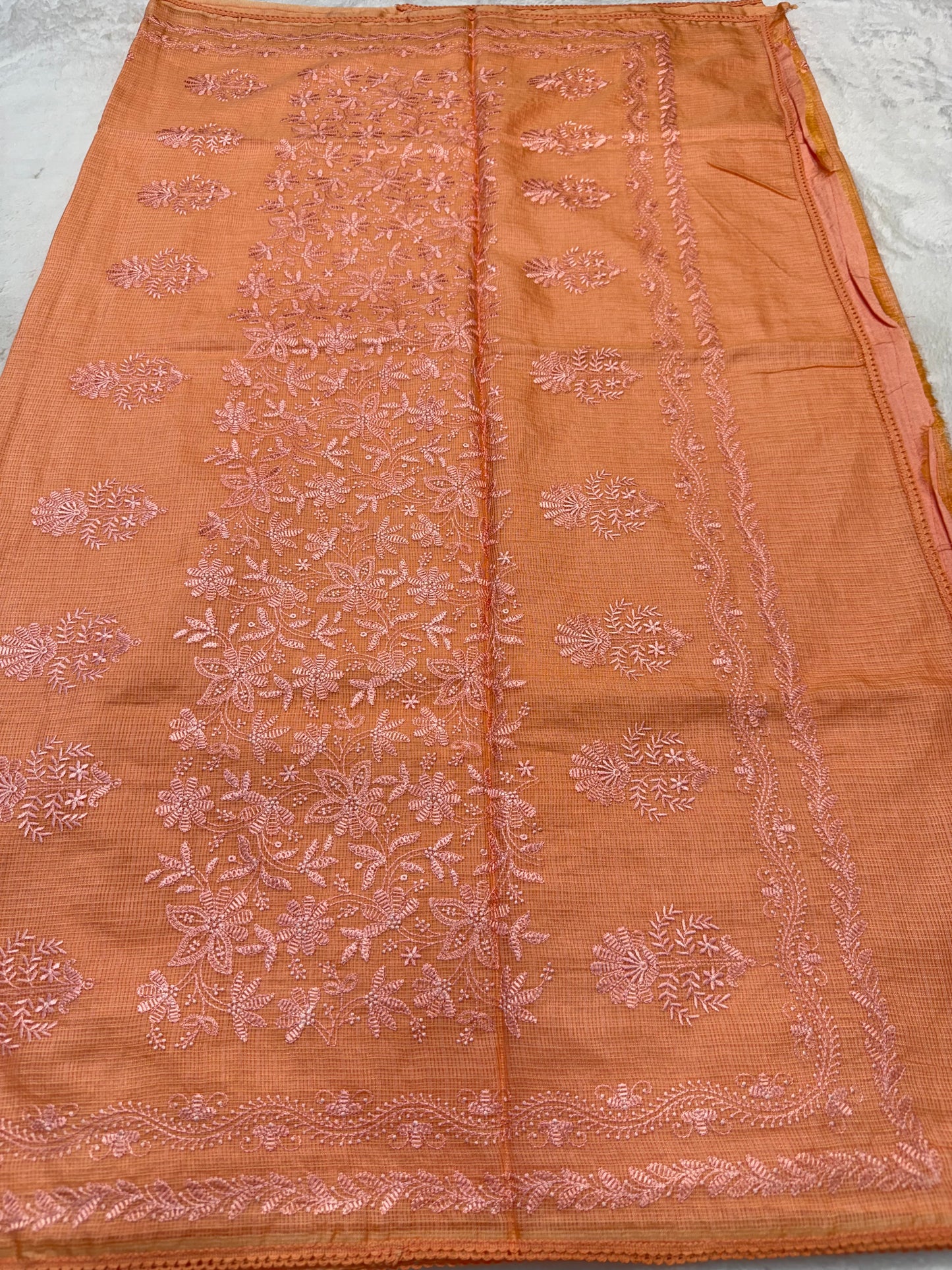 Peach shade cotton kota chickenkari embroidery Banarasi saree