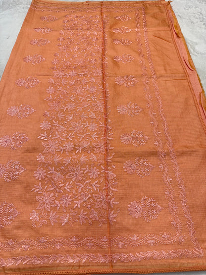 Peach shade cotton kota chickenkari embroidery Banarasi saree
