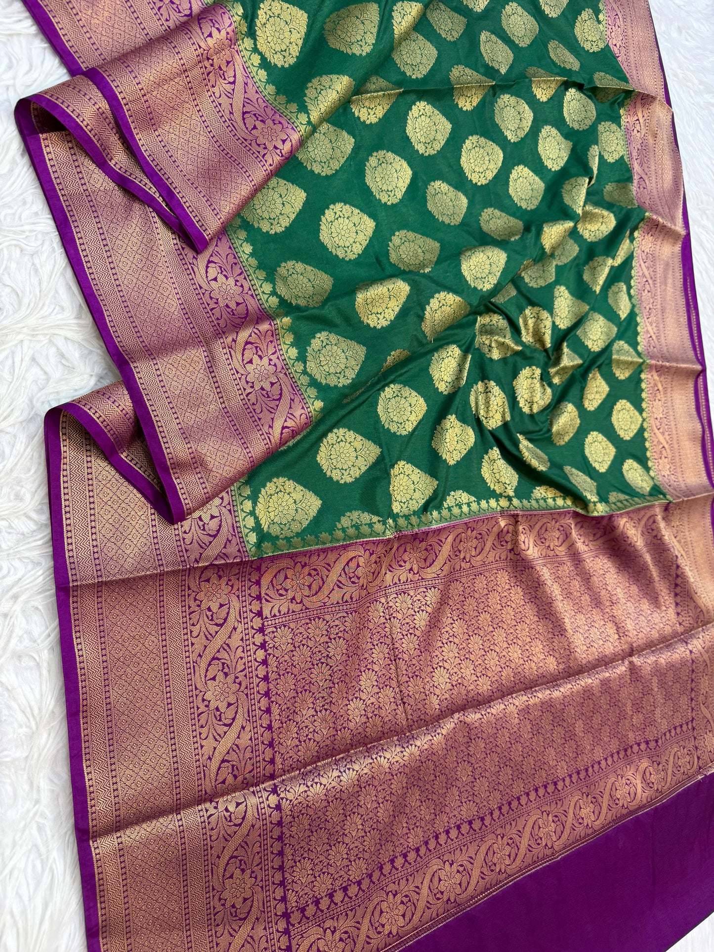 Bottle green & magenta shade Dupion Silk Banarasi Saree 