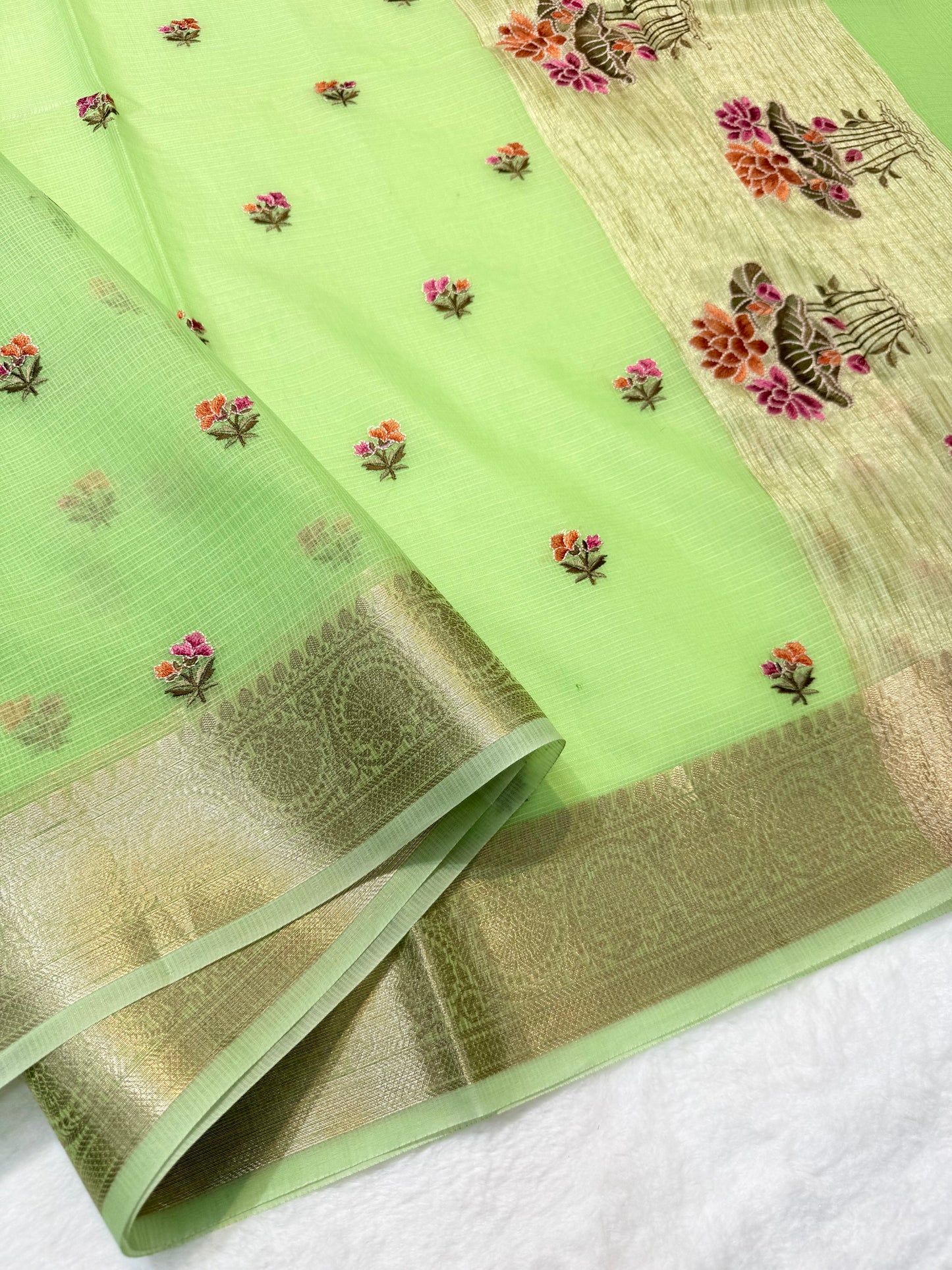 Pista green shade cotton kota embroidery Banarasi saree