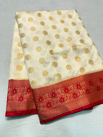 Off white & red shade  Dupion Silk premium Banarasi Saree