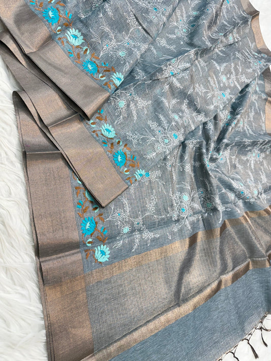 Grey shade linen  embroidery Banarasi saree