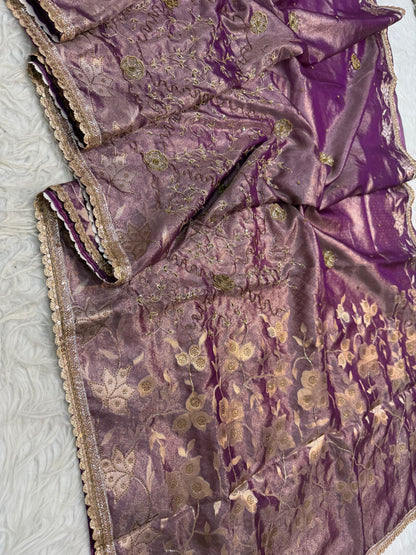 Magenta shade tissue ari & zardosi work designer premium Banarasi saree