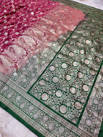 Royal pink & bottle green shade Bridal Satan katan ari & stone work Banarasi silk Saree