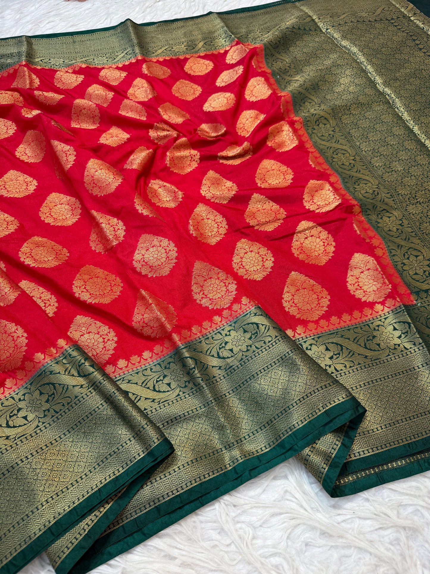 Red & bottle green shade Dupion Silk Banarasi Saree 