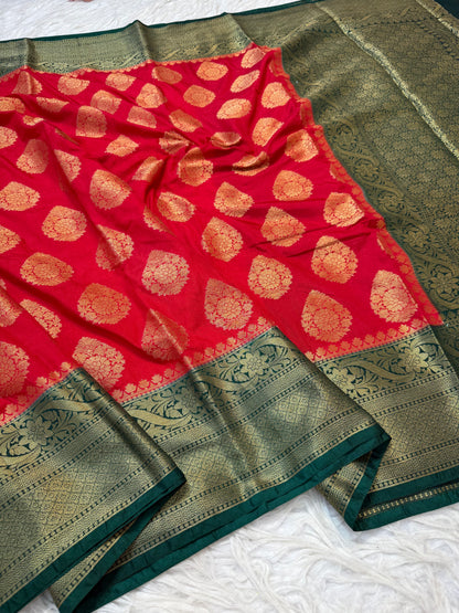 Red & bottle green shade Dupion Silk Banarasi Saree 