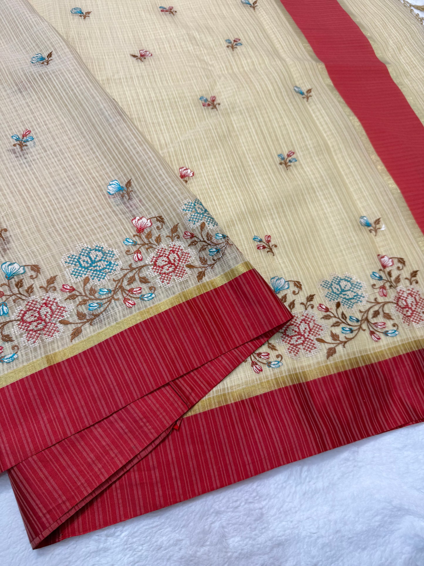 Beige red shade kota embroidery Banarasi saree