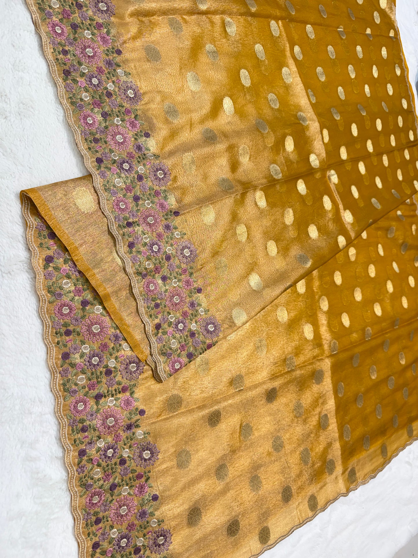 Gold shade tissue cutwork embroidery premium designer Banarasi saree