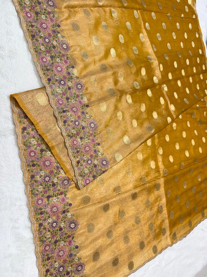 Gold shade tissue cutwork embroidery premium designer Banarasi saree