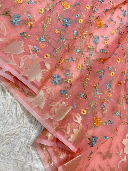 Peach shade kora organza embroidery Banarasi saree