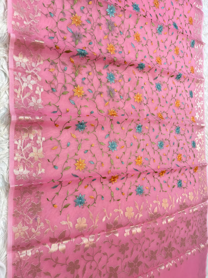 Pink shade kora organza  embroidery Banarasi saree