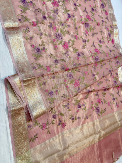 Dusty pink  shade tissue kota embroidery primum Banarasi saree