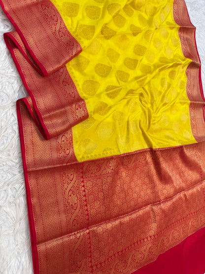 Yellow & red Dupion Silk Banarasi Saree 
