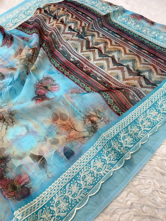Sky blue shade  kora organza digital print embroidery Banarasi saree