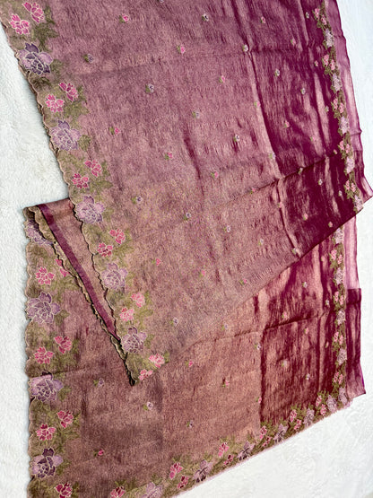 Maroon shade tissue crush cutwork embroidery premium designer Banarasi saree