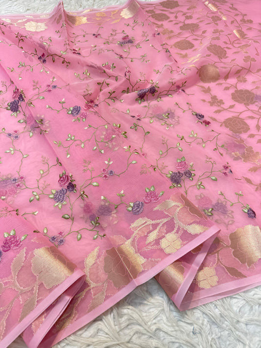Pink shade kora organza  embroidery Banarasi saree