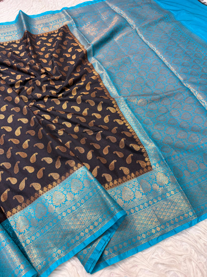Black & powder blue shade Dupion Silk Banarasi Saree 