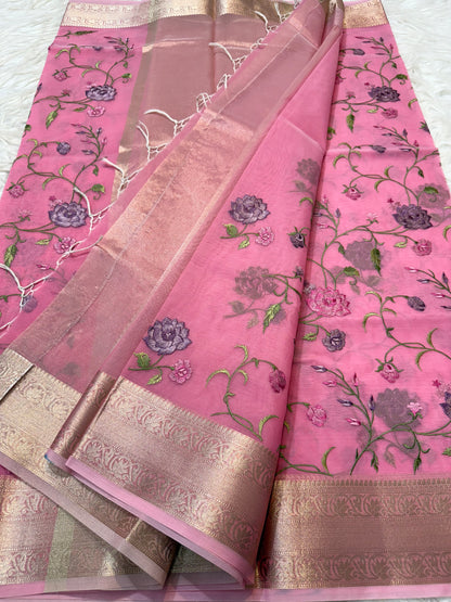 Pink shade organza embroidery Banarasi saree