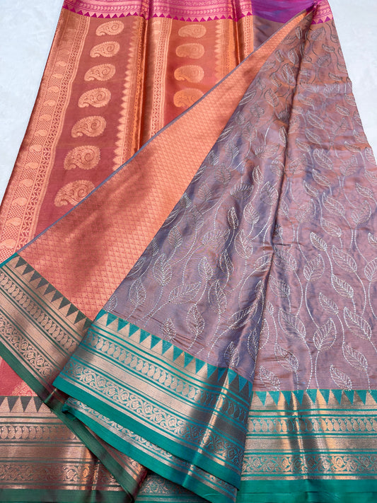 Multicolour shade soft silk embroidery Banarasi saree