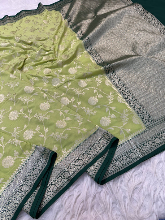 Pista green bottle green shade khaddi georgatte premium Banarasi saree