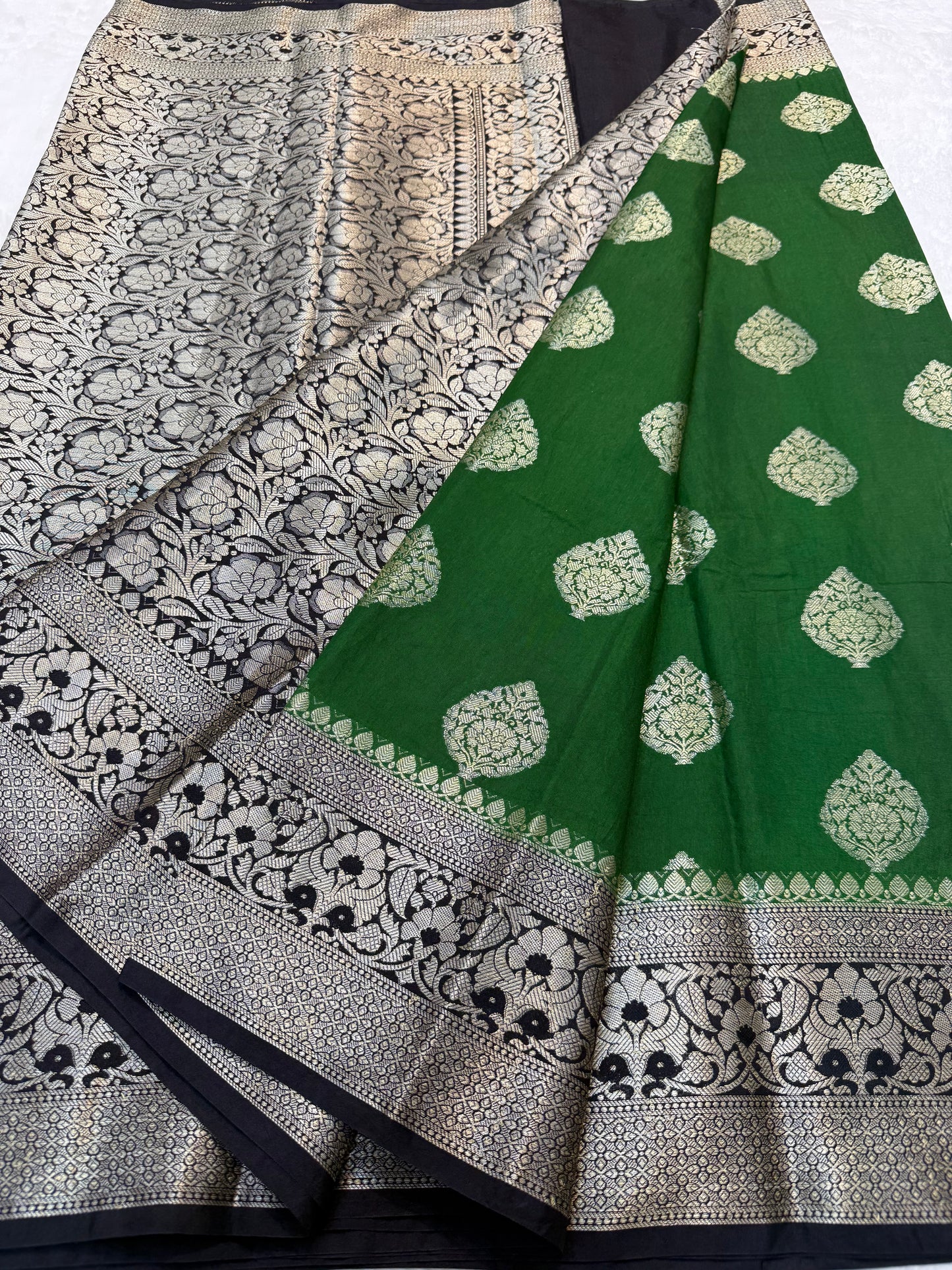 Bottle green black shade Dupion Silk premium Banarasi Saree