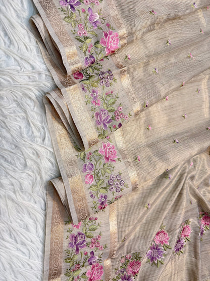 Beige shade tissue linen designer embroidery premium Banarasi saree