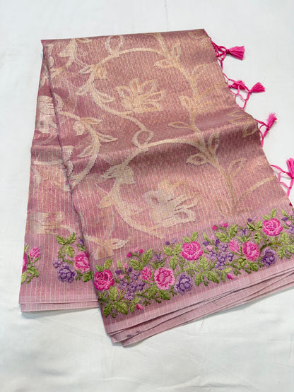 Pink shade tissue kota embroidery primum Banarasi saree