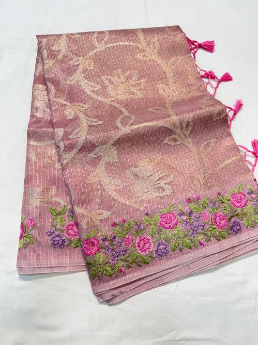 Pink shade tissue kota embroidery primum Banarasi saree