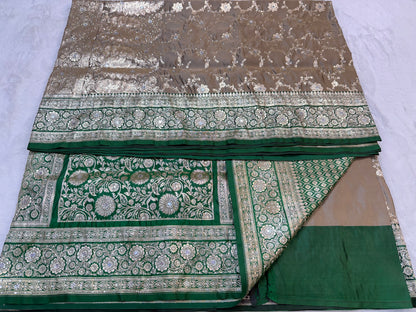 Gray & bottle green shade Bridal Satan katan ari & stone work Banarasi silk Saree