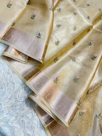 Gold shade tissue kota embroidery primum Banarasi saree
