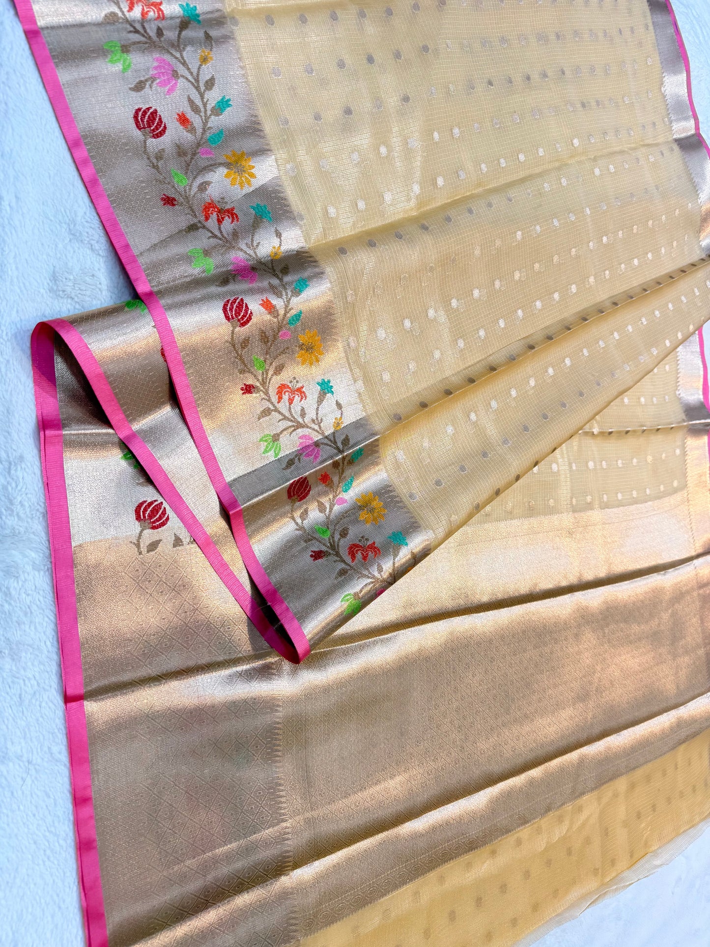 Gold & multicolour shade tissue kota premium paithani border designer banarasi saree