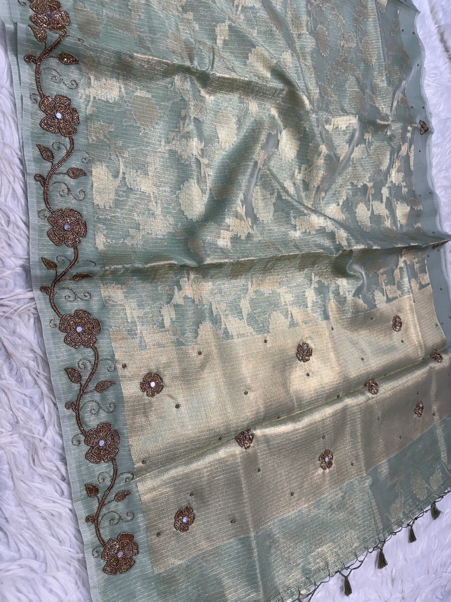 Sea green shade tissue kota designer handwork premium Banarasi saree