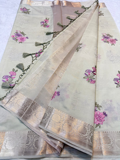 Pista green shade soft silk designer  premium embroidery Banarasi saree