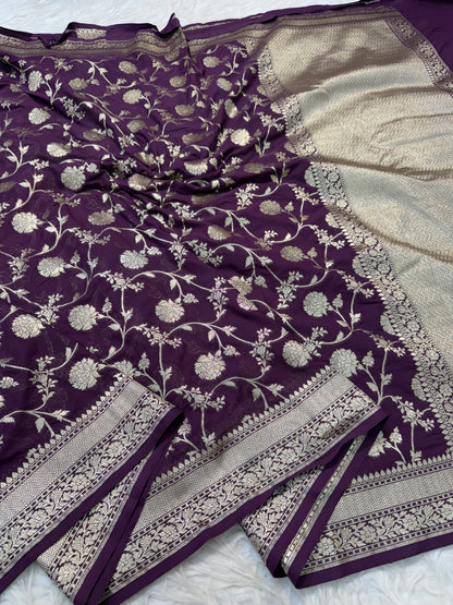 Wine shade khaddi georgatte premium Banarasi saree