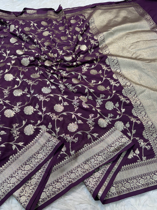 Wine shade khaddi georgatte premium Banarasi saree
