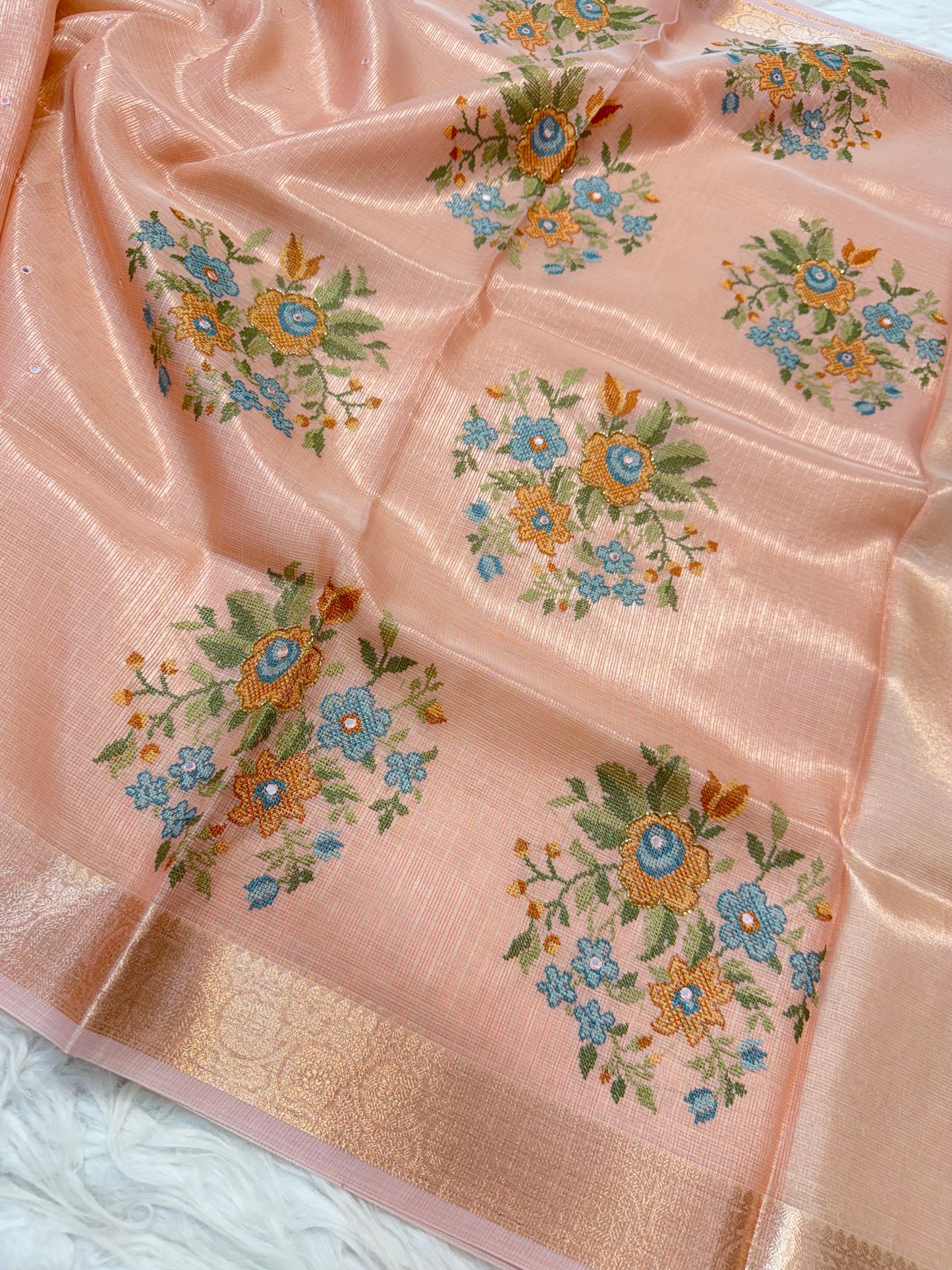 Peach shade tissue kota embroidery mirror work premium Banarasi saree