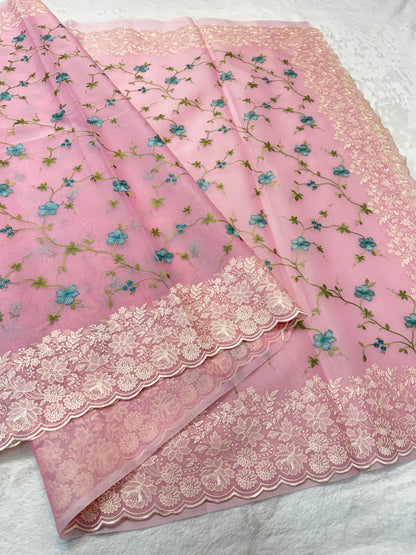Pink shade organza designer cutwork premium embroidery Banarasi saree