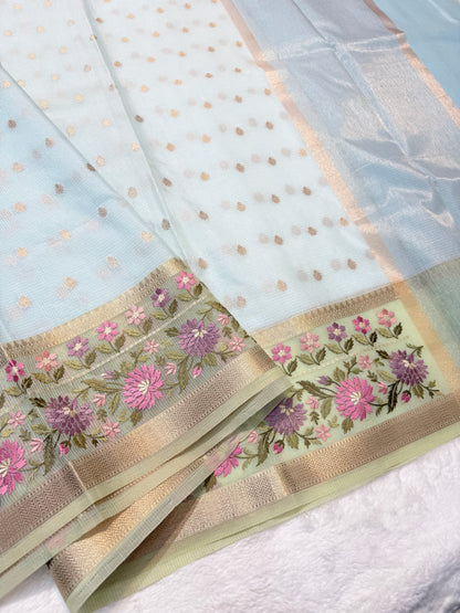 Turquoise shade kota designer embroidery Banarasi saree