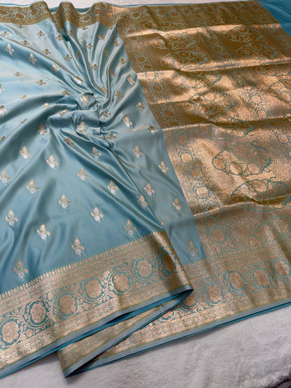 Powder blue shade satan katan premium Banarasi silk Saree