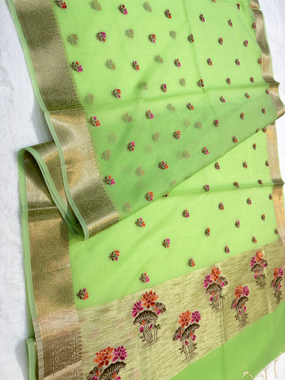 Pista green shade cotton kota embroidery Banarasi saree