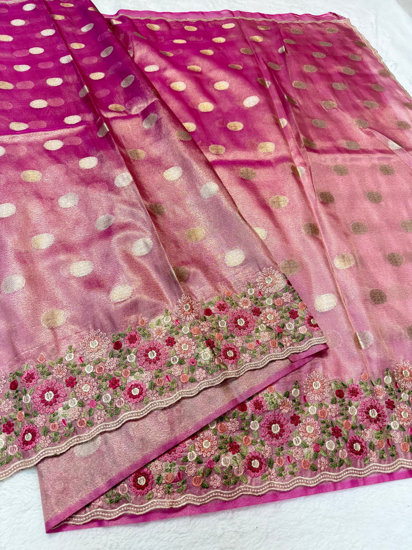 Pink shade tissue cutwork embroidery premium designer Banarasi saree