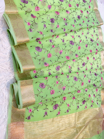 Pista green  shade cotton kota embroidery Banarasi saree