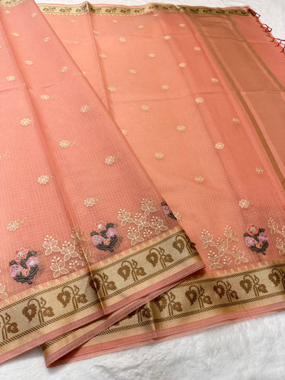 Peach shade kota designer embroidery Banarasi saree