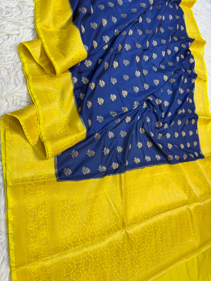 Blue yellow shade Dupion Silk premium Banarasi Saree