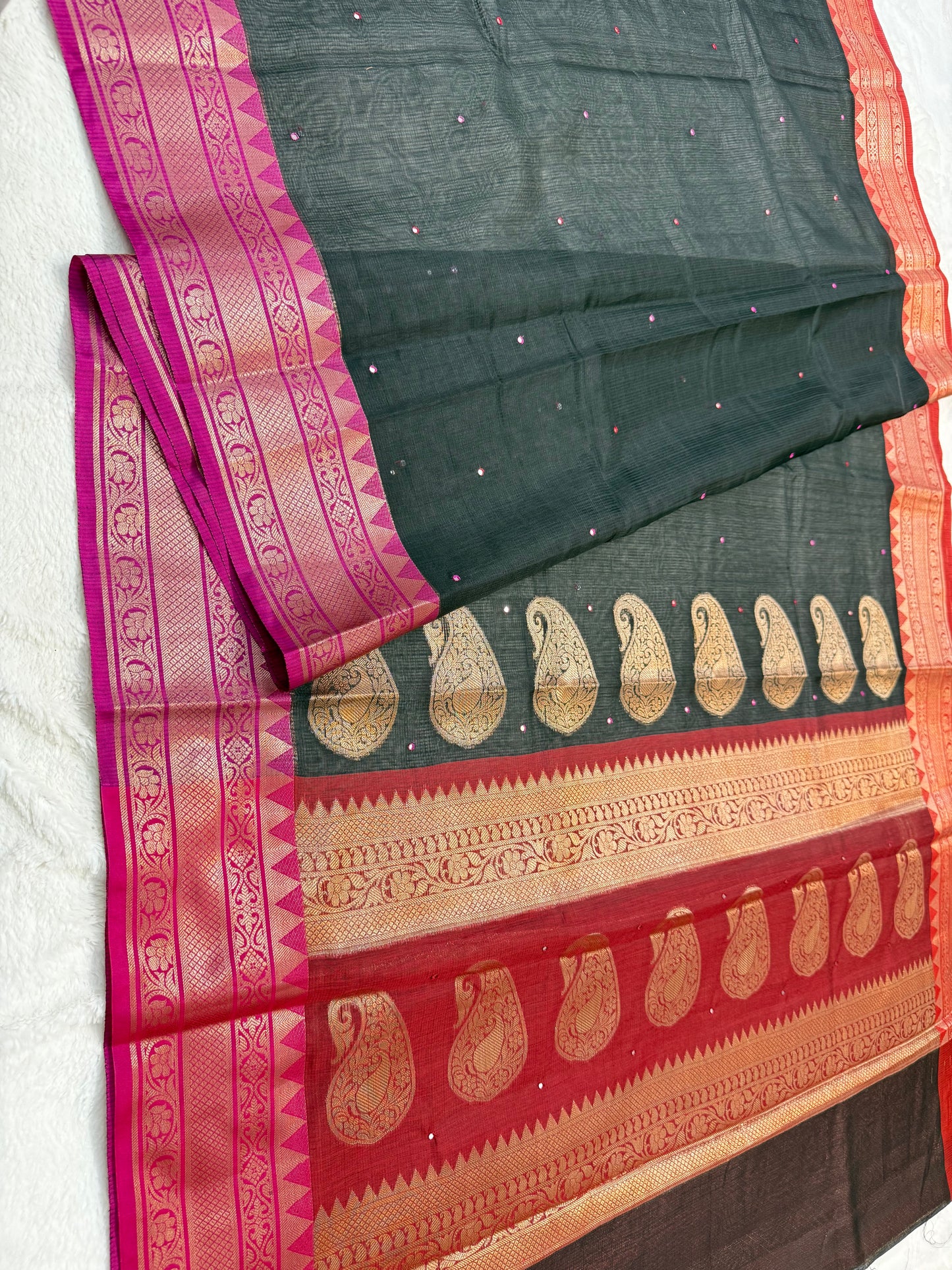 Black royal pink red shade kota mirror work premium Banarasi saree