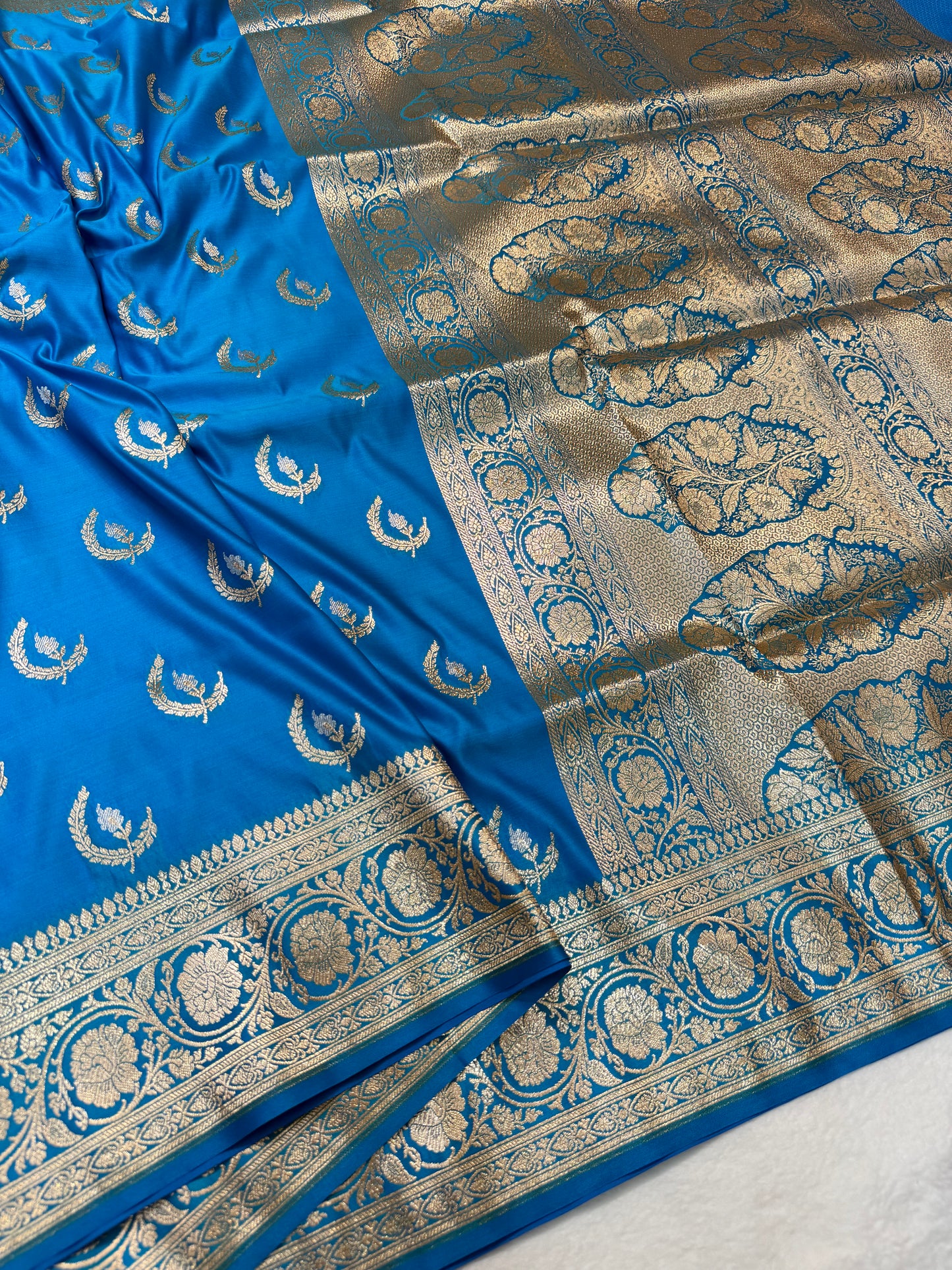 German blue shade satan katan premium Banarasi silk Saree