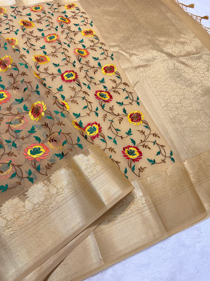 Beige shade organza designer premium embroidery Banarasi saree