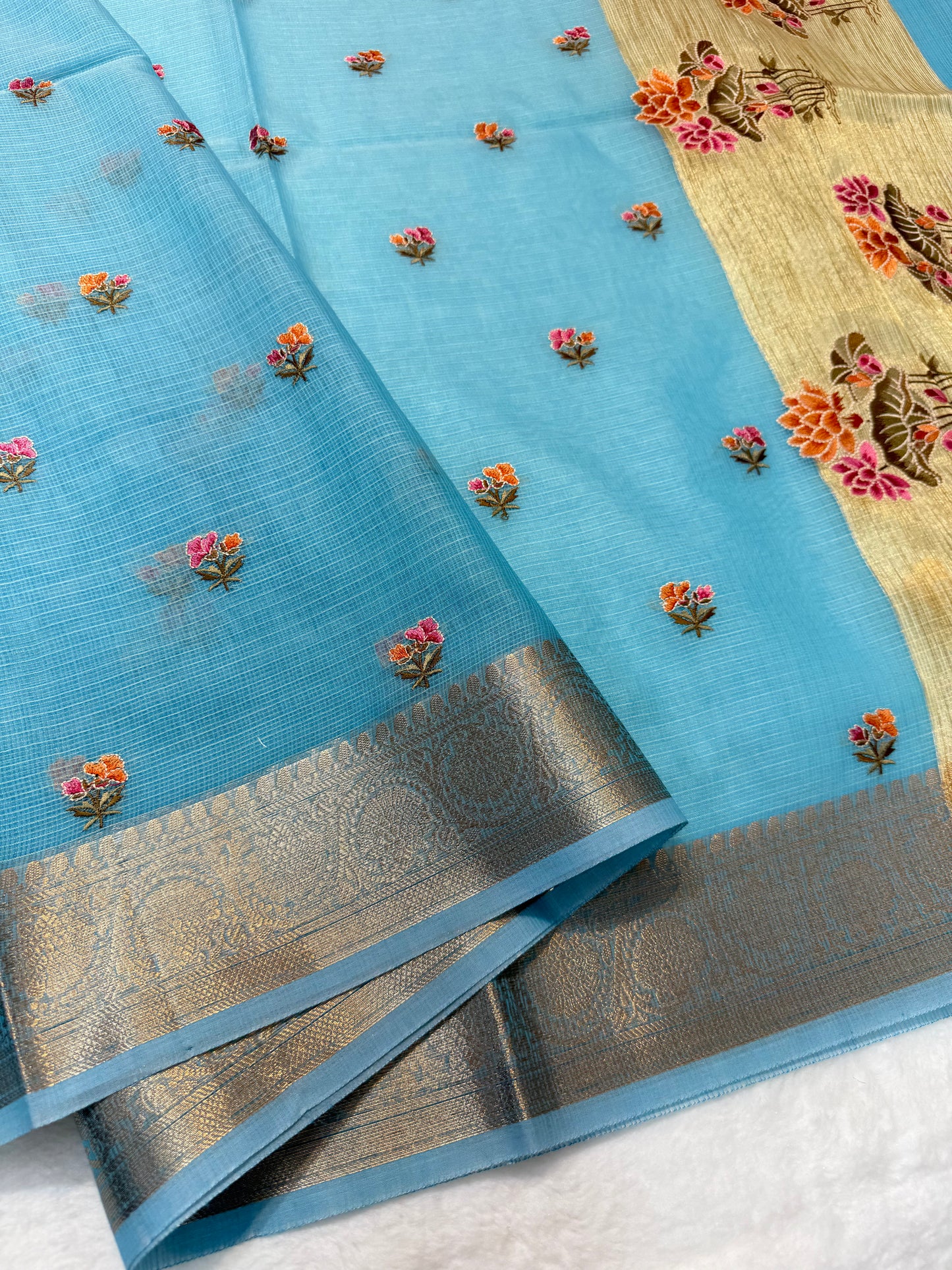 Sky blue shade cotton kota embroidery Banarasi saree