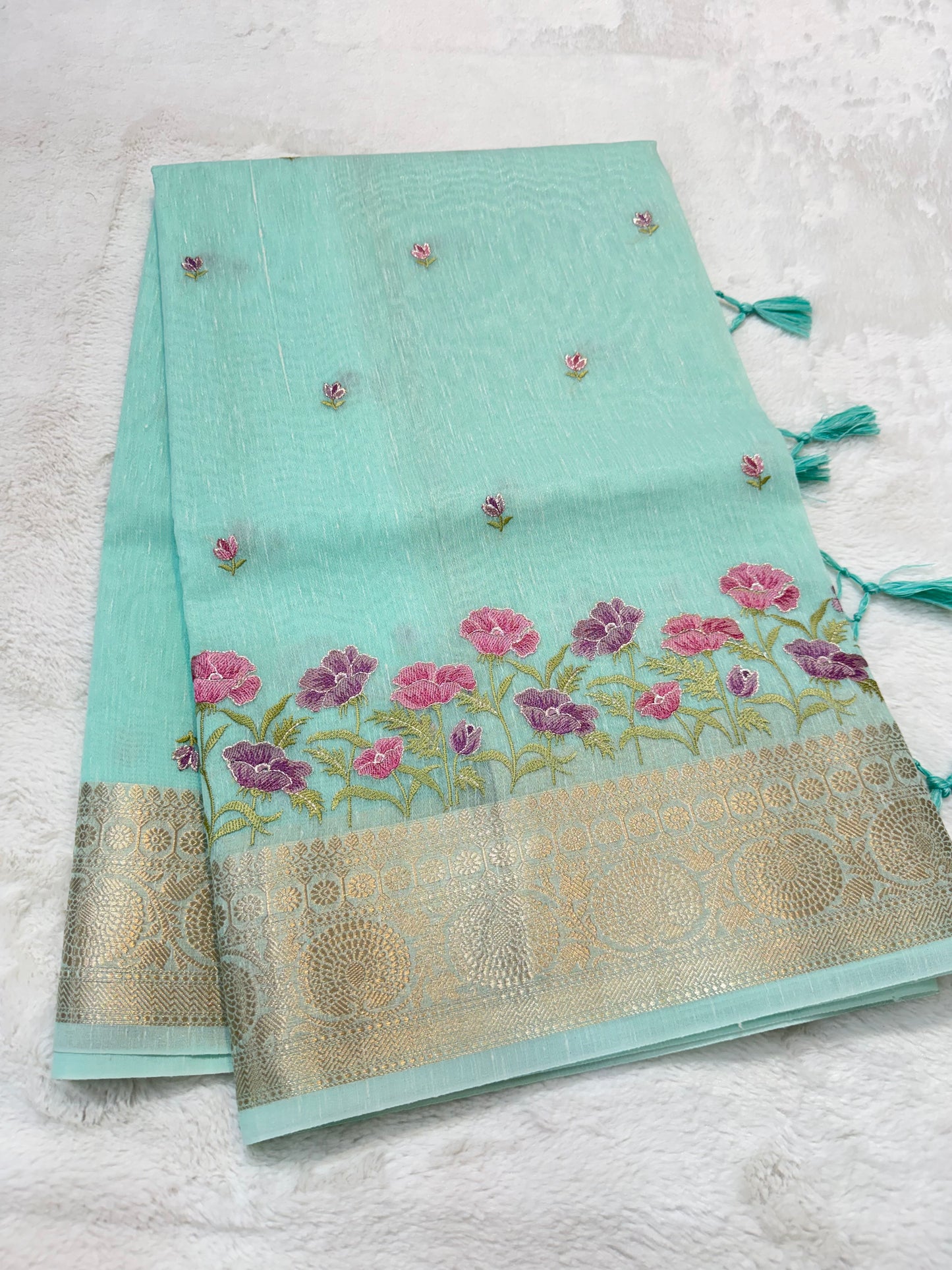 Turquoise shade linen embroidery Banarasi saree